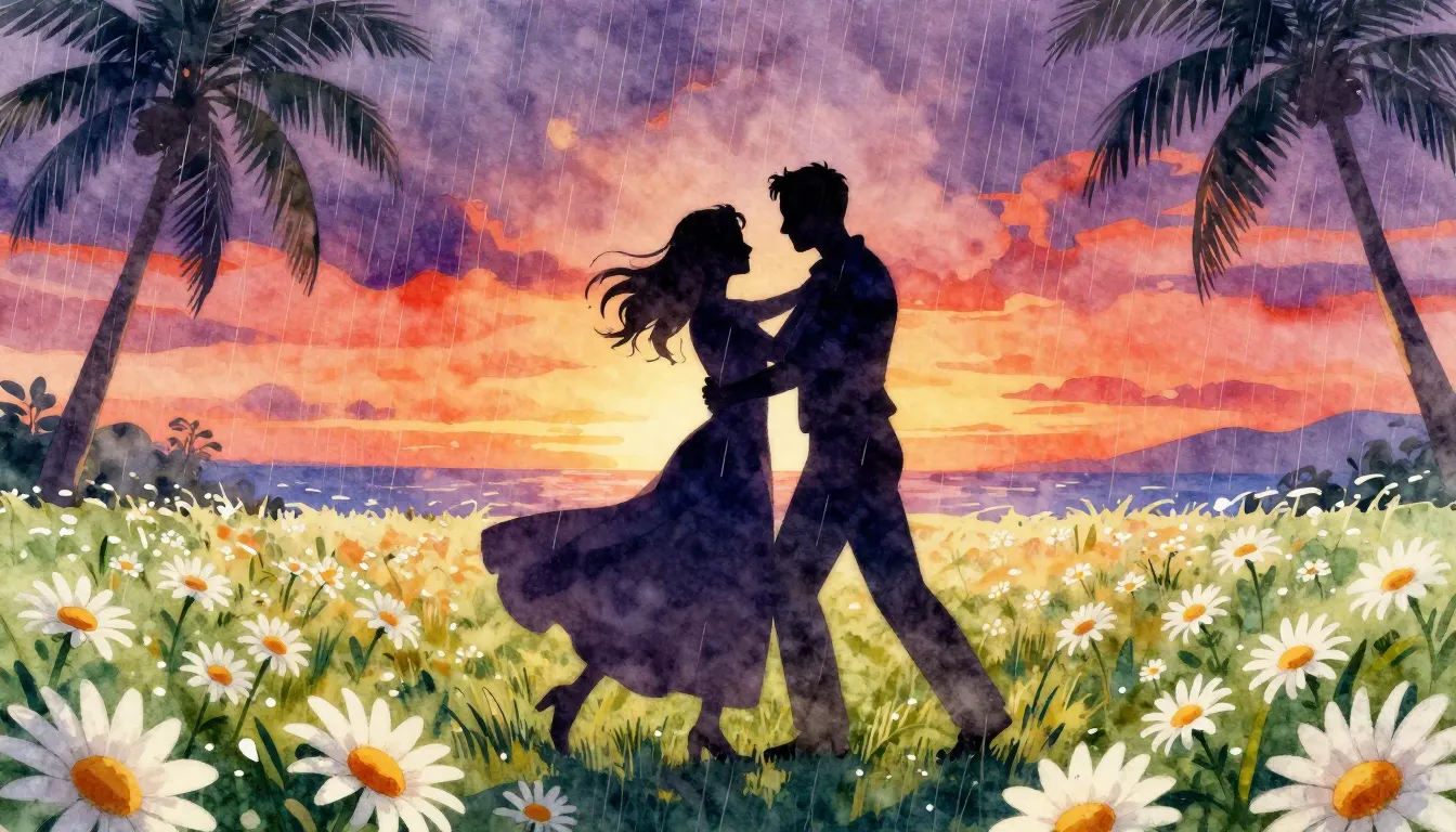 Watercolor style. Silhouette of a couple dancing in a field ...