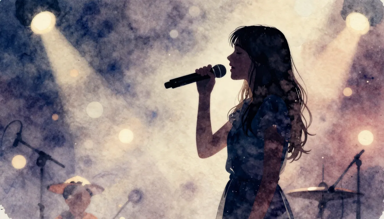 Watercolor style. Silhouette of a girl singing into a microp...