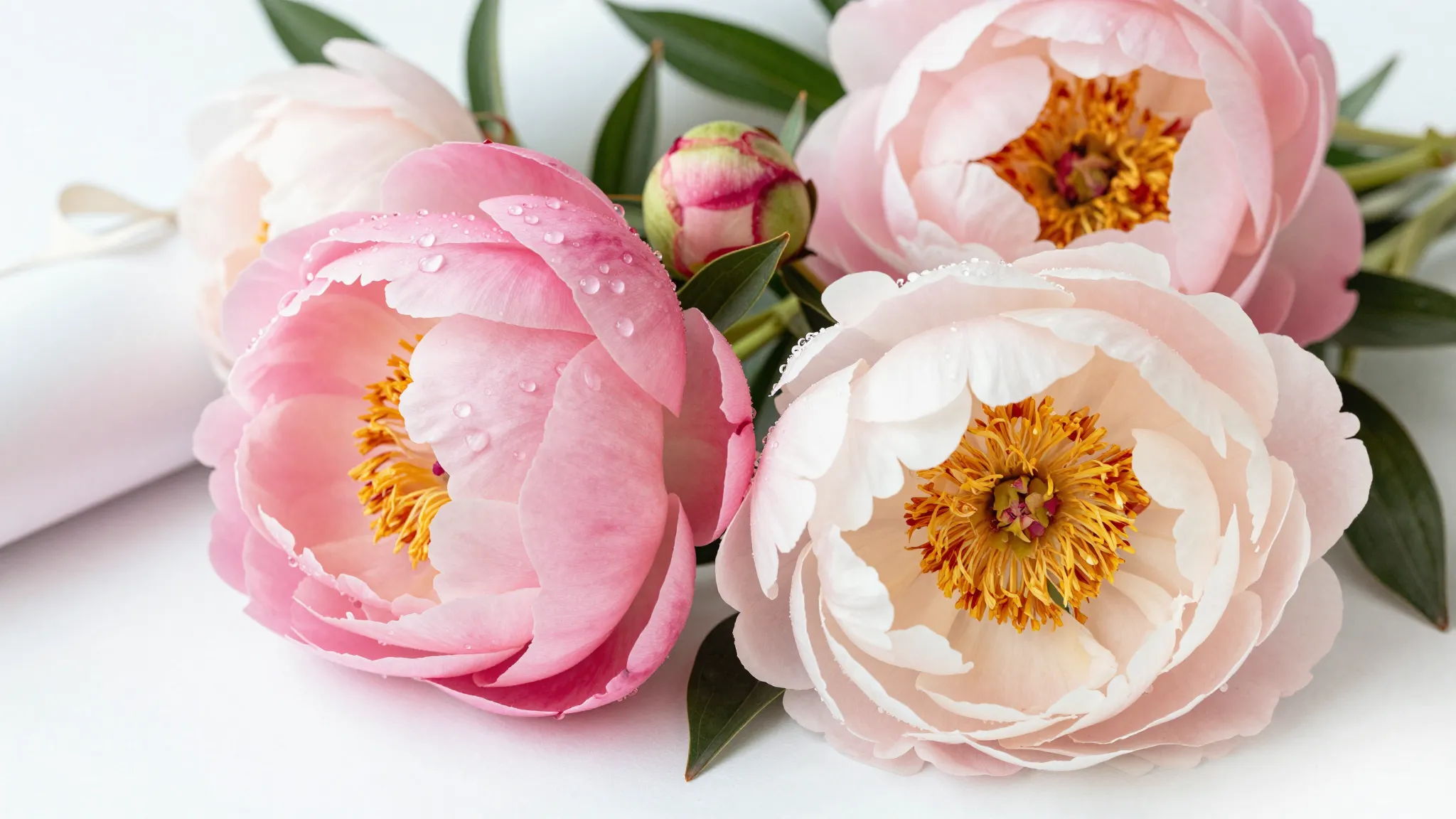 Watercolor style. Close-up of blooming peonies with water dr...