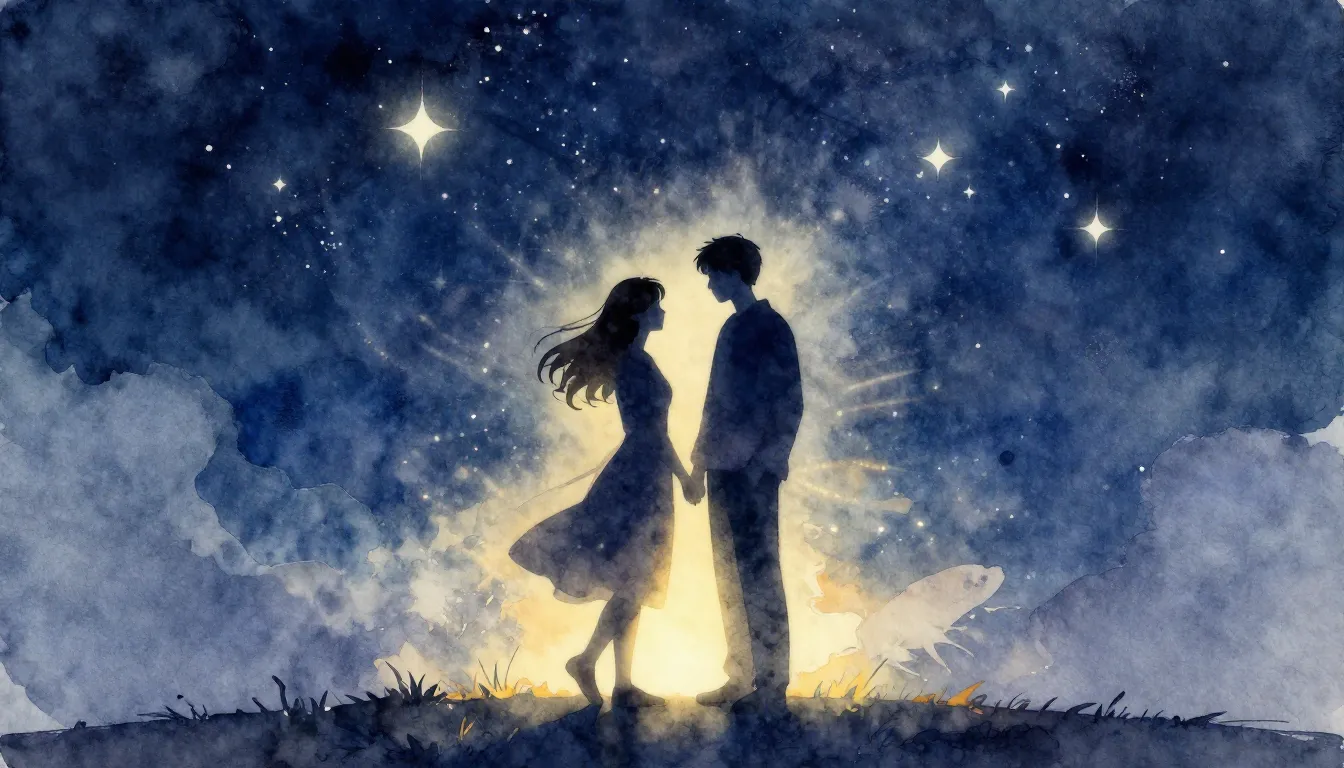 Watercolor style. A silhouette of a couple standing under a ...