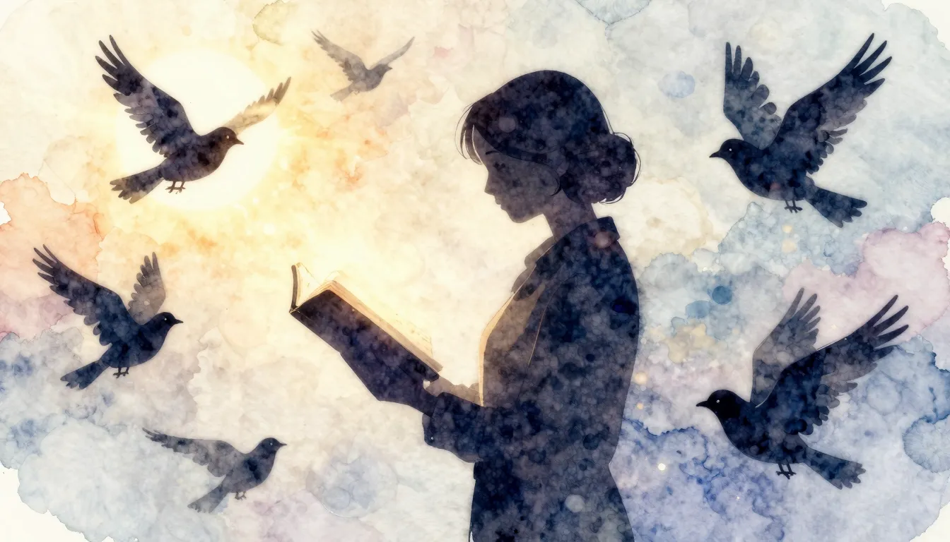 Watercolor style. A silhouette of a teacher holding a glowin...