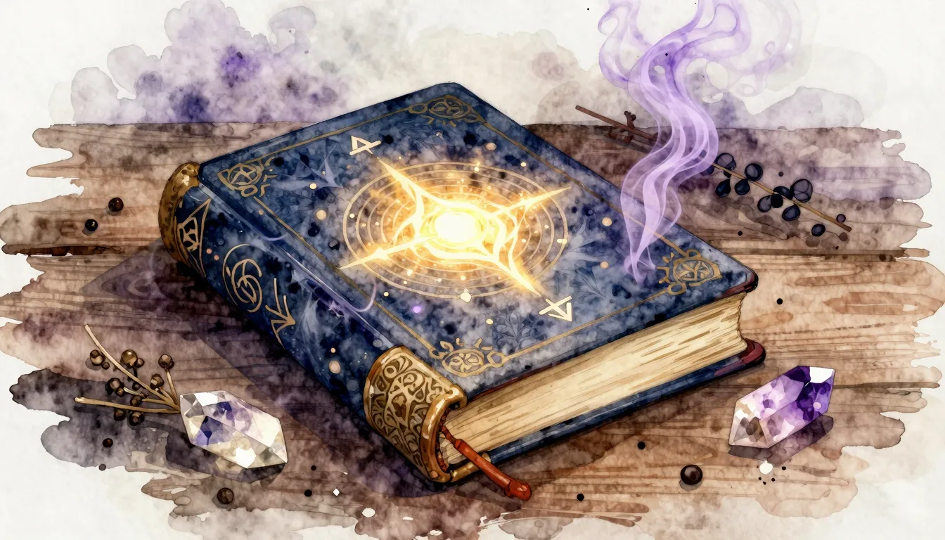 Watercolor style. A mystical grimoire with glowing symbols o...