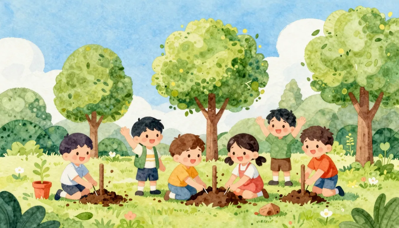 Watercolor style. A group of happy children planting small t...