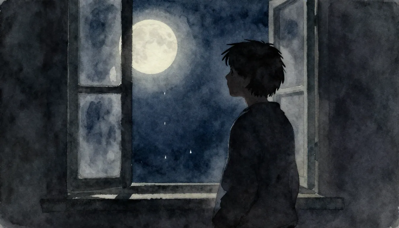 Watercolor style. A silhouette of a person standing by a win...