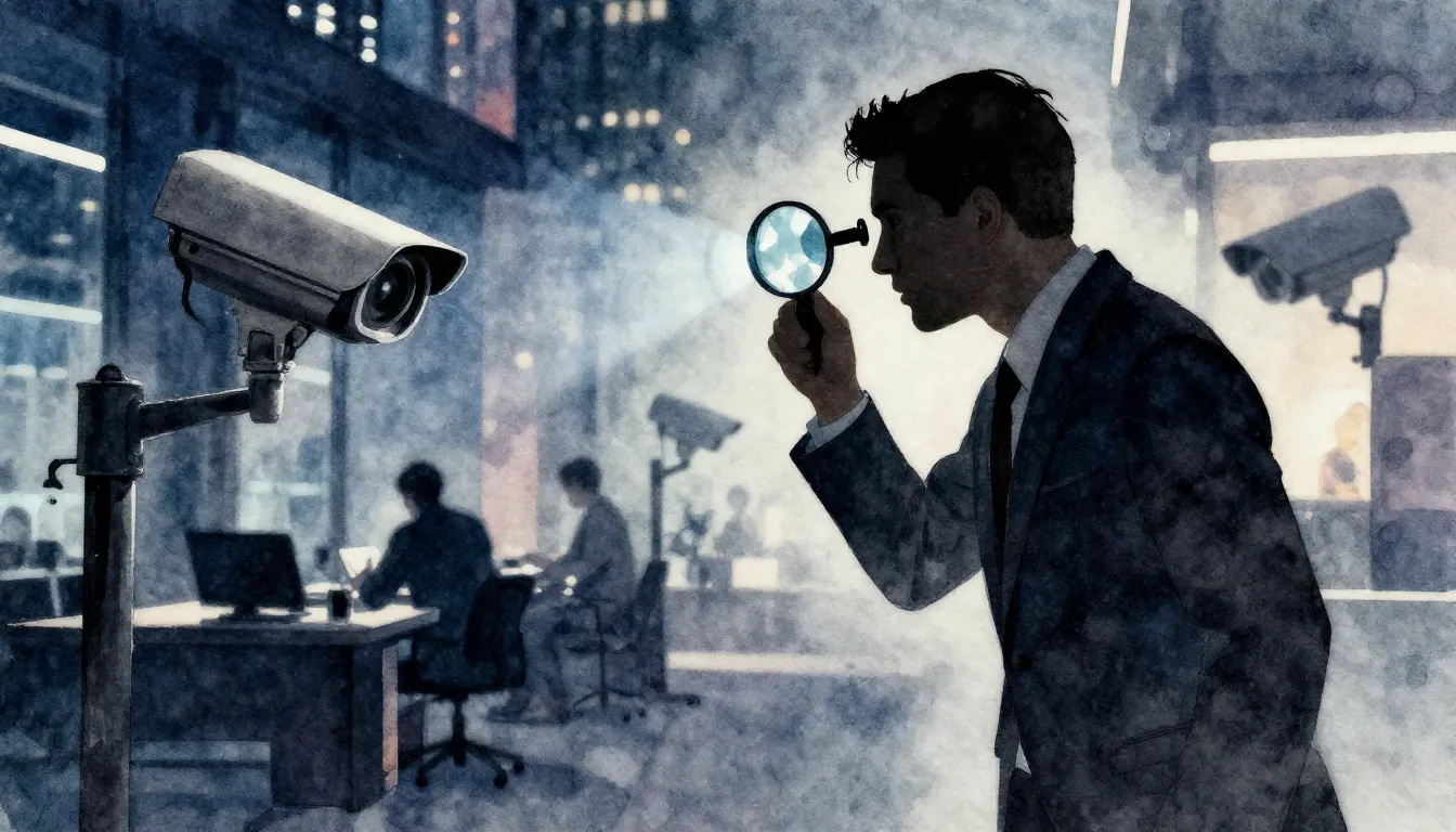 Watercolor style. Silhouette of a man in a suit looking thro...