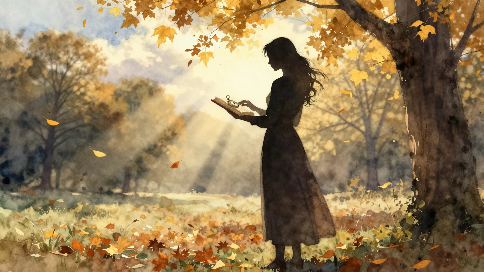 Watercolor style. A silhouette of a woman in a long dress st...