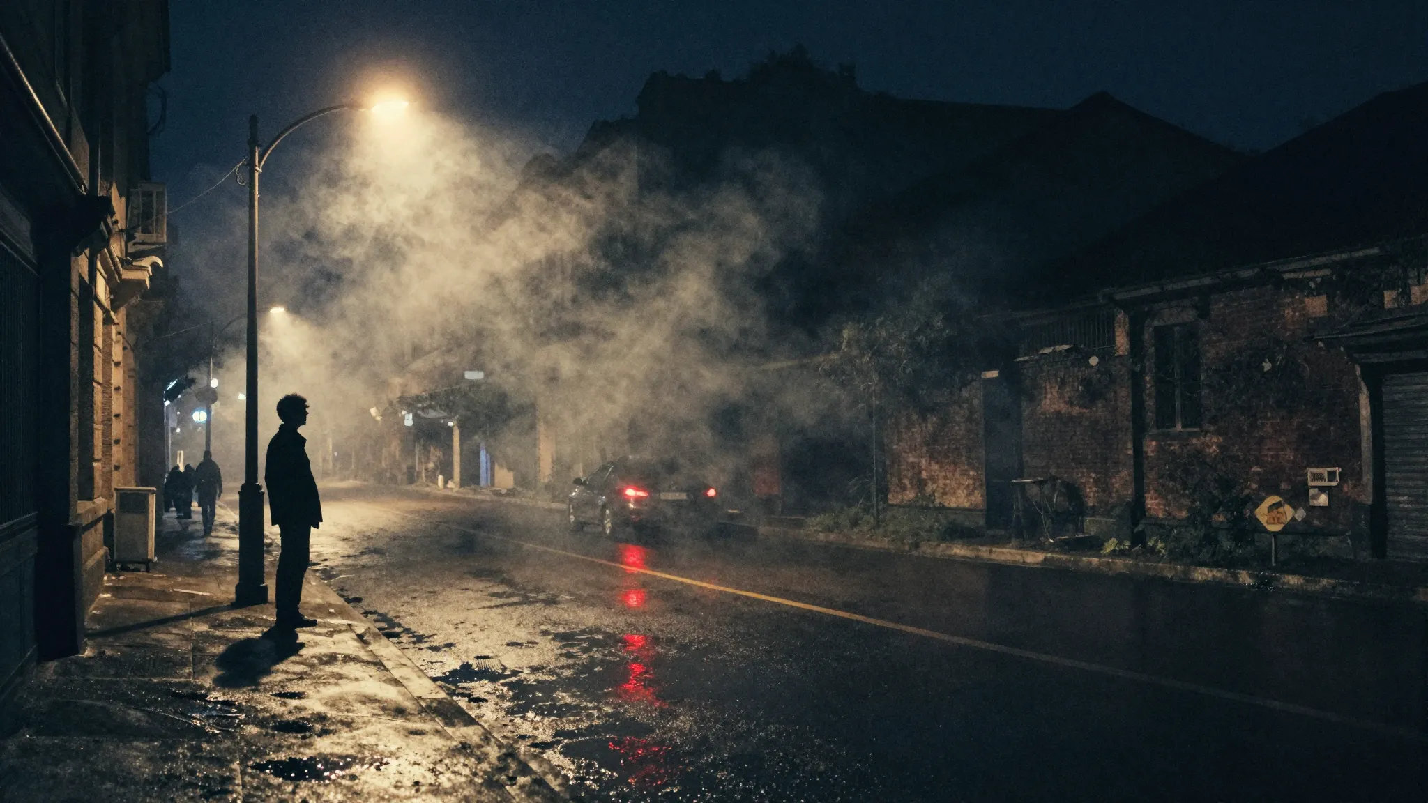 Watercolor style. A dark city street at night, glowing stree...