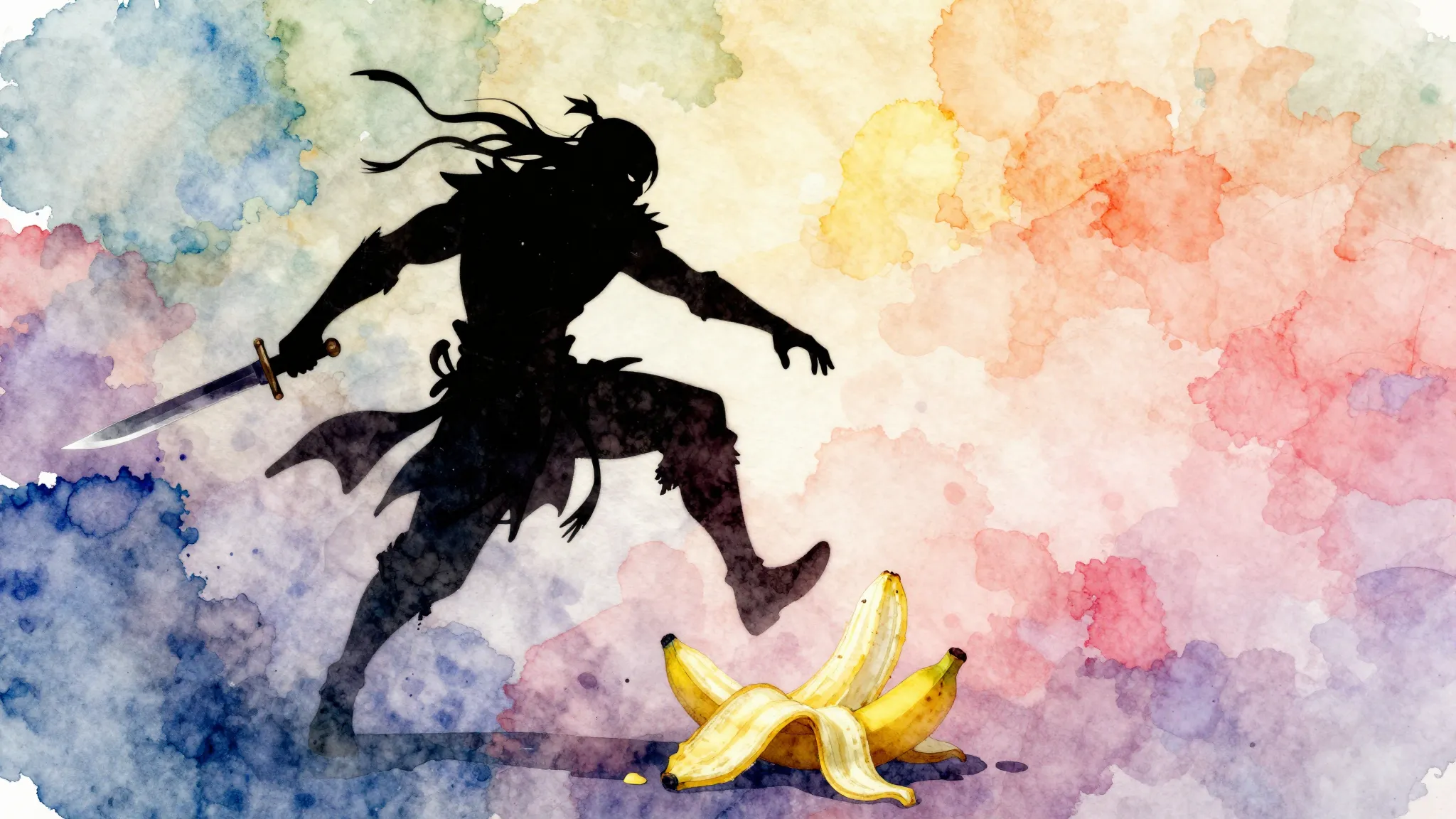 Watercolor style. A stylized, shadowy silhouette of a nimble...