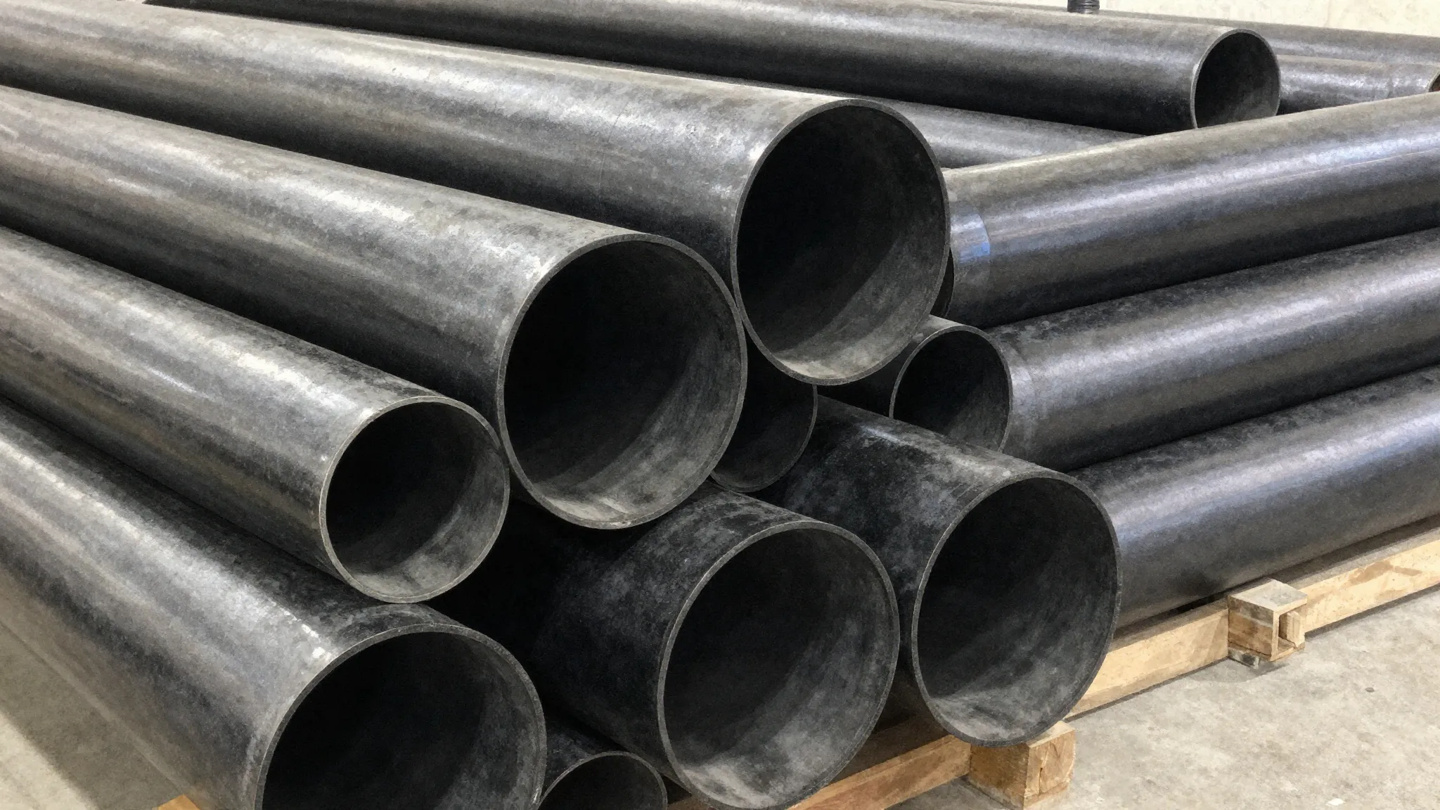 Watercolor style. Industrial black polyethylene pipes stacke...