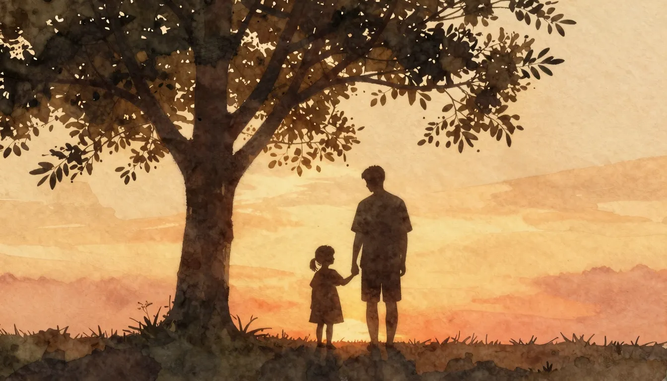 Watercolor style. A silhouette of a couple and a small child...