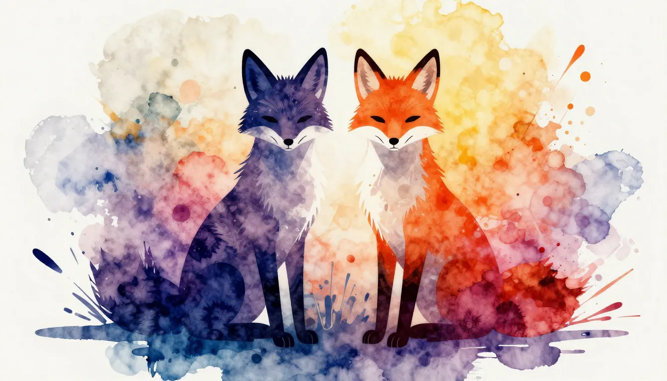 Watercolor style. Two stylized fox silhouettes standing toge...