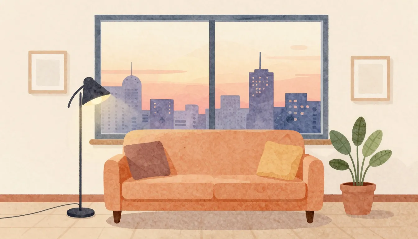 Watercolor style. A cozy stylized living room with a comfort...