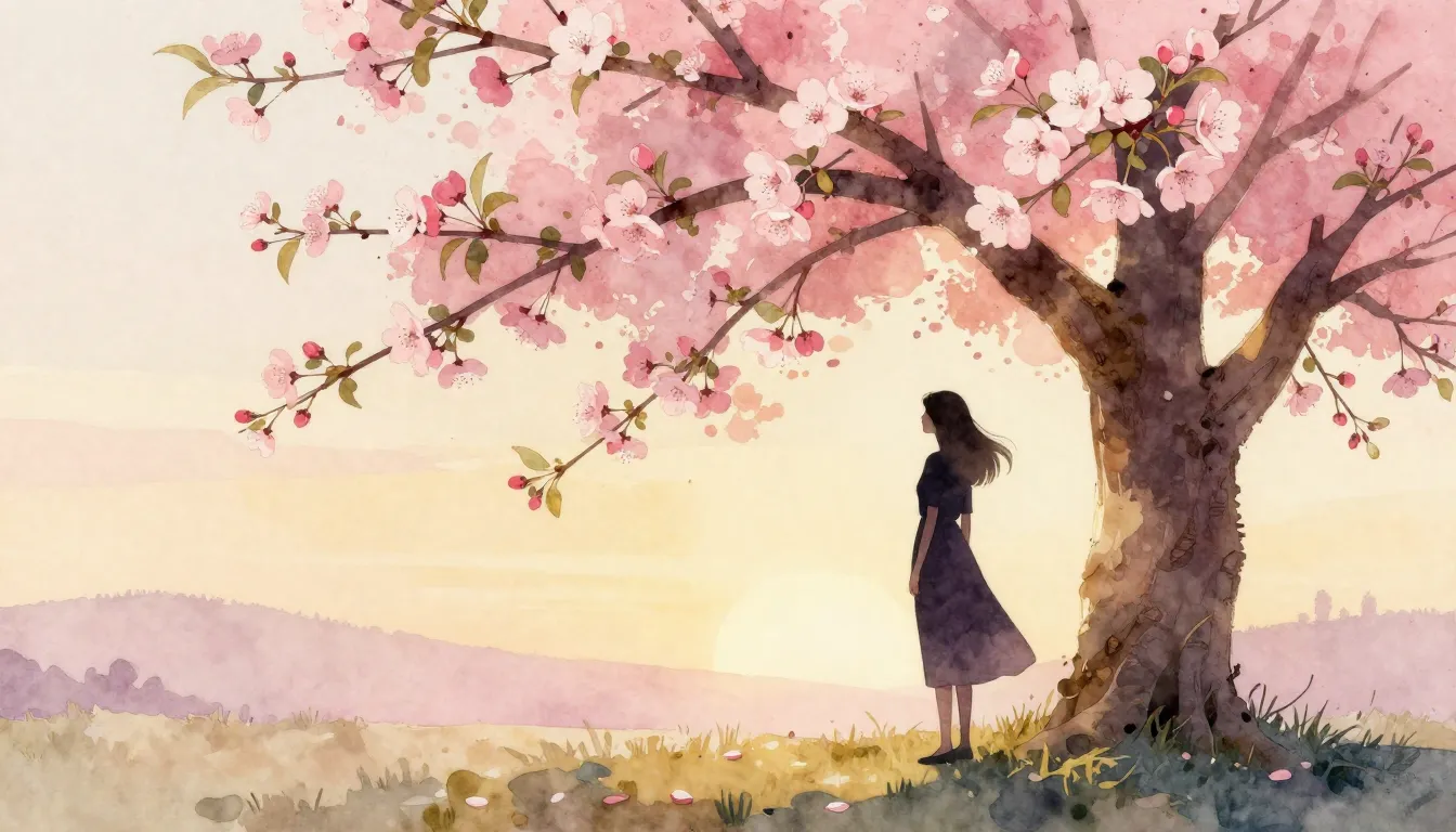 Watercolor style. A silhouette of a woman standing near a bl...