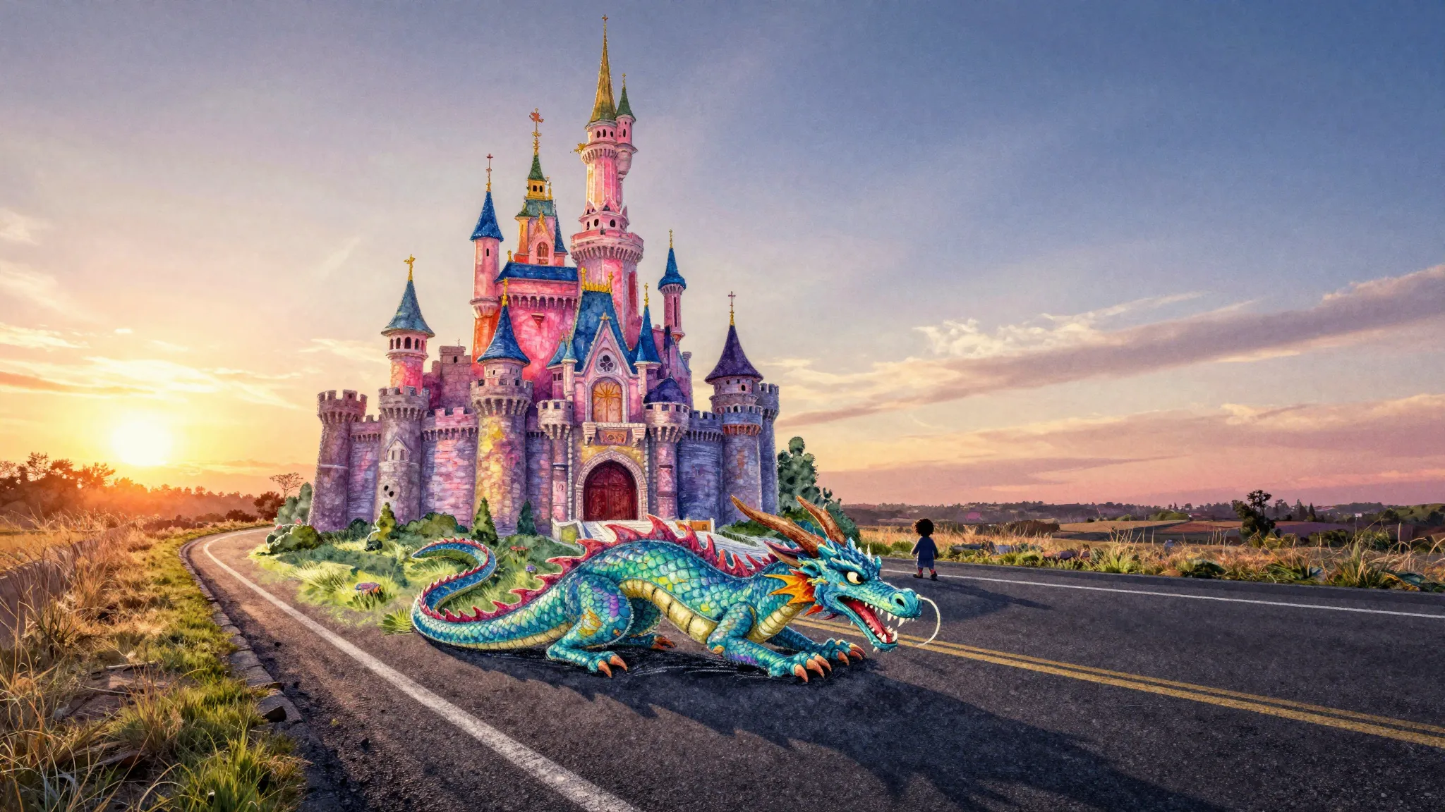Watercolor style. A colorful chalk drawing of a whimsical ca...