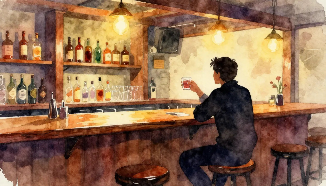 Vibrant watercolor style. A cozy, dimly lit bar interior, wi...