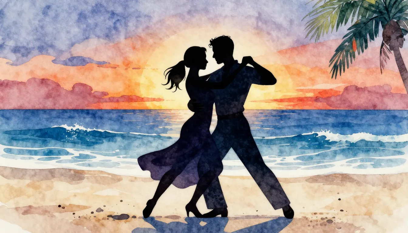 Watercolor style. Silhouette of a couple dancing salsa on a ...