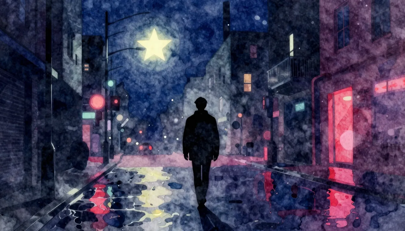 Vibrant watercolor style. A lonely silhouette walking on a d...