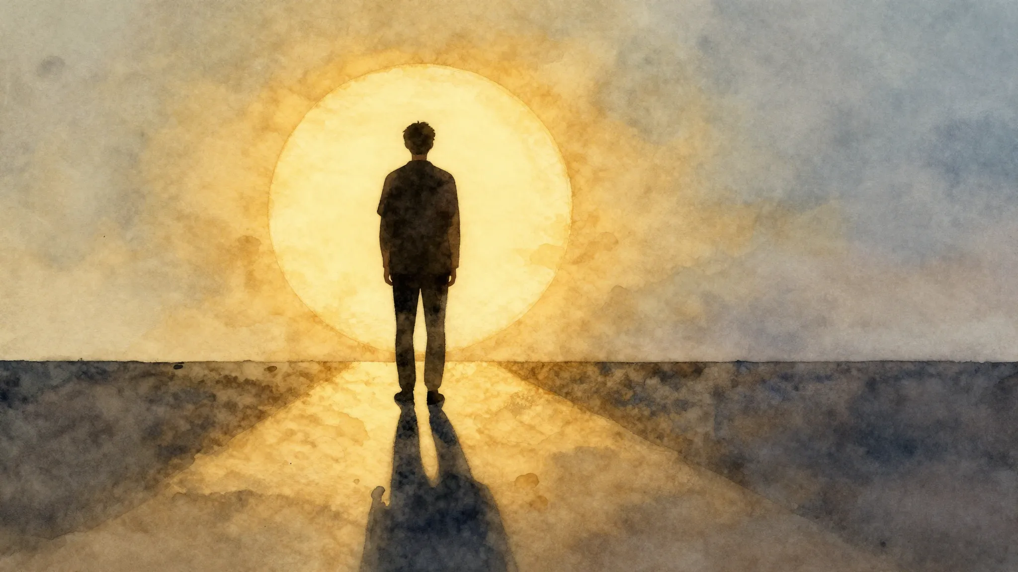 Watercolor style. A dark silhouette of a person standing aga...