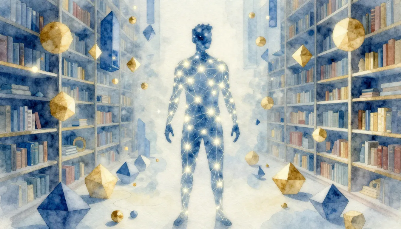 Watercolor style. A stylized human silhouette made of glowin...