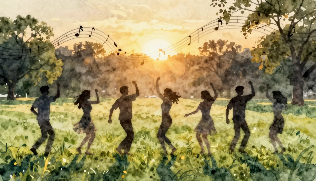 Watercolor style. Silhouettes of a group of people dancing o...