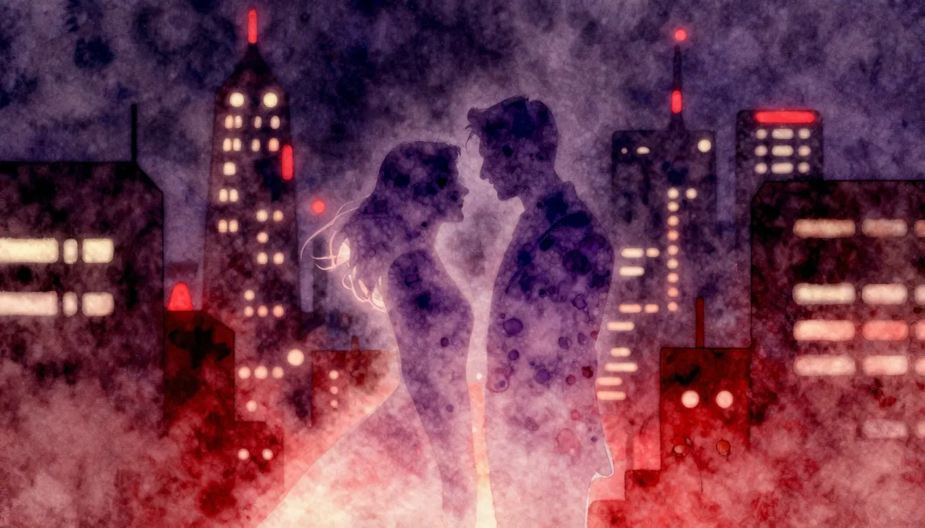 Watercolor style. A glowing silhouette of a couple in a neon...