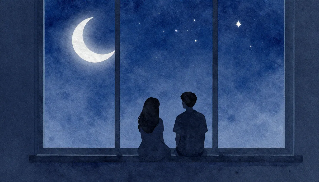 Watercolor style. Two dark silhouettes of lovers standing ne...