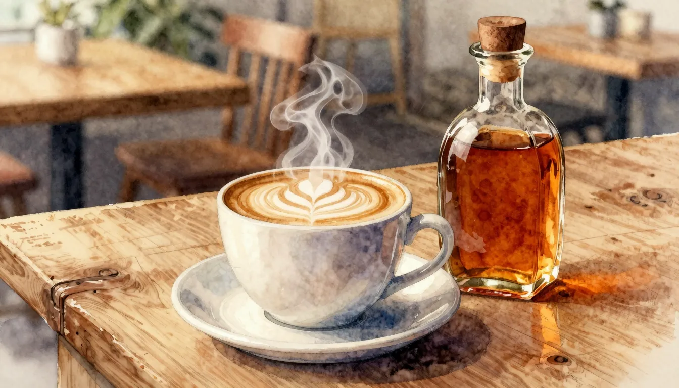 Watercolor style. A steaming cup of cappuccino on a rustic w...