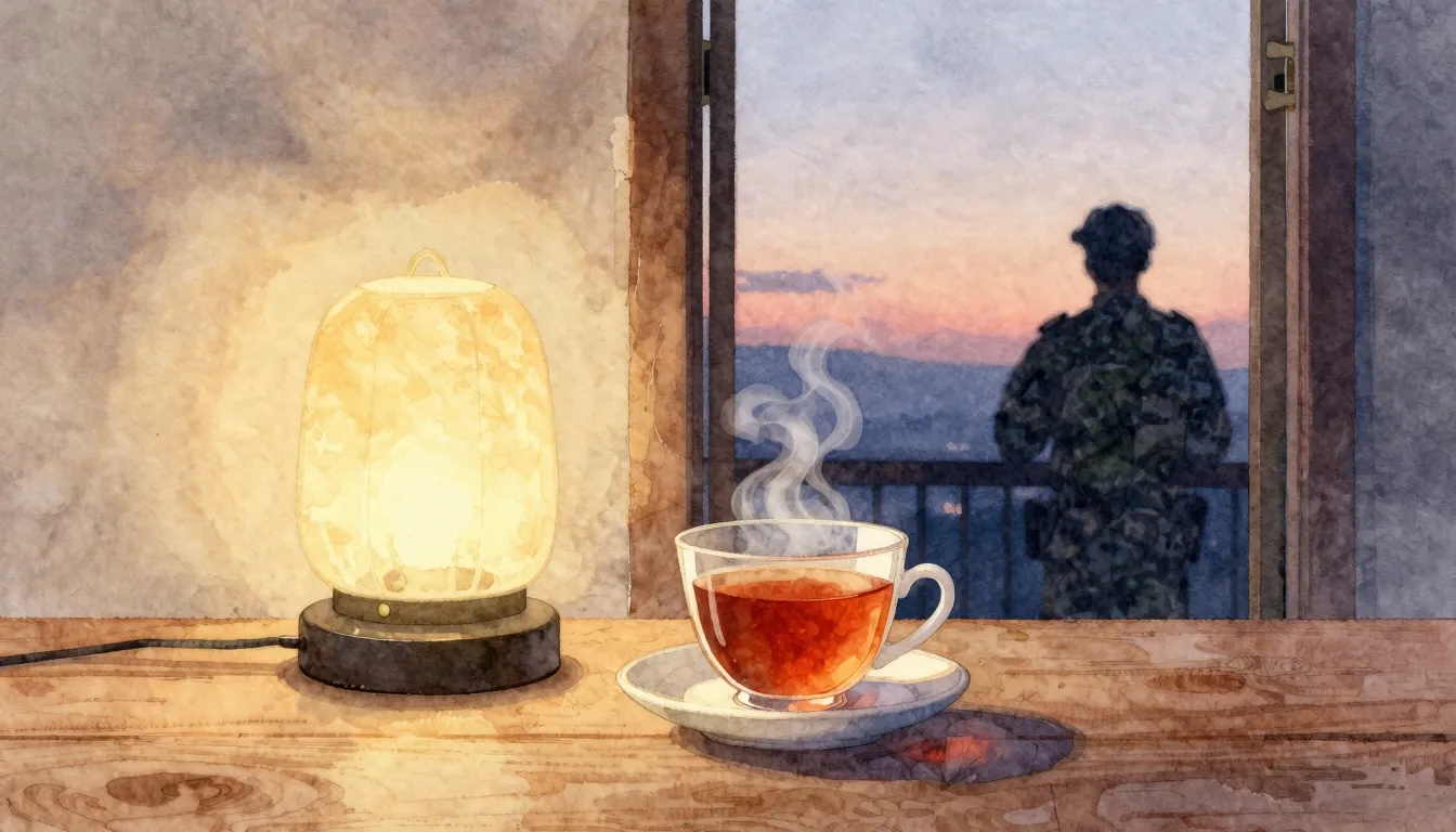 Watercolor style. A warm glowing lamp on a wooden table next...