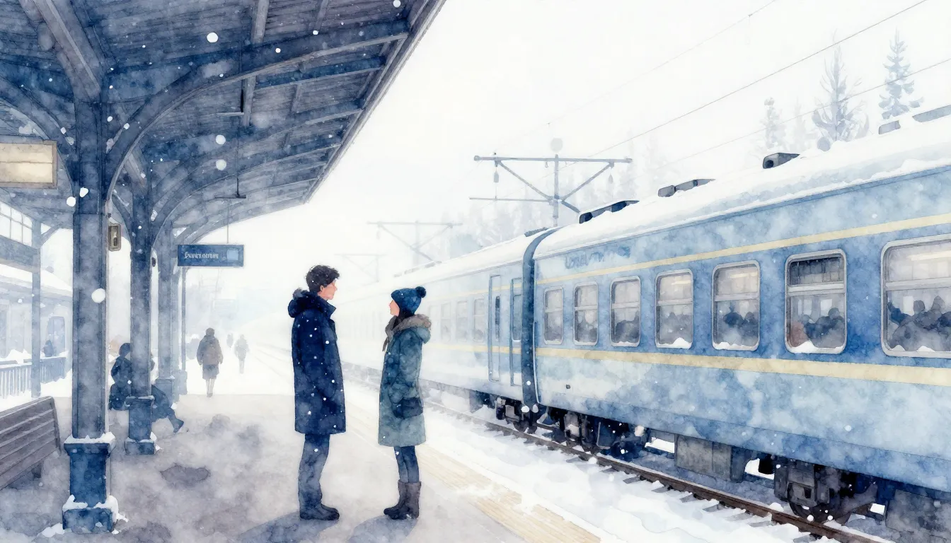 Watercolor style. Winter railway station in Sortavala, silho...