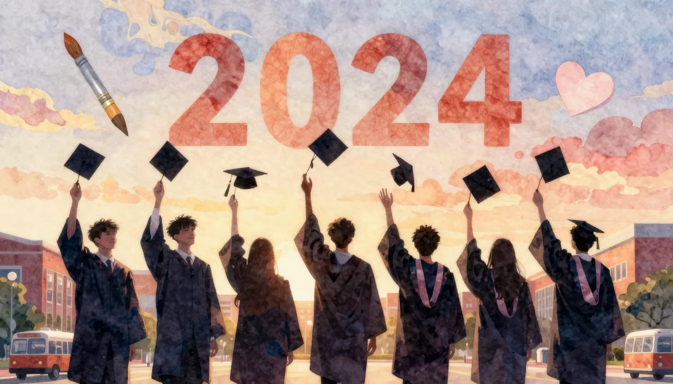 Watercolor style. A silhouette of a group of graduates in go...