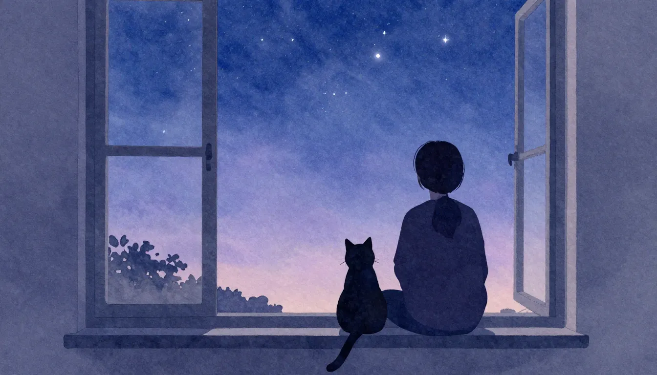 Watercolor style. Silhouette of a person and a cat sitting b...