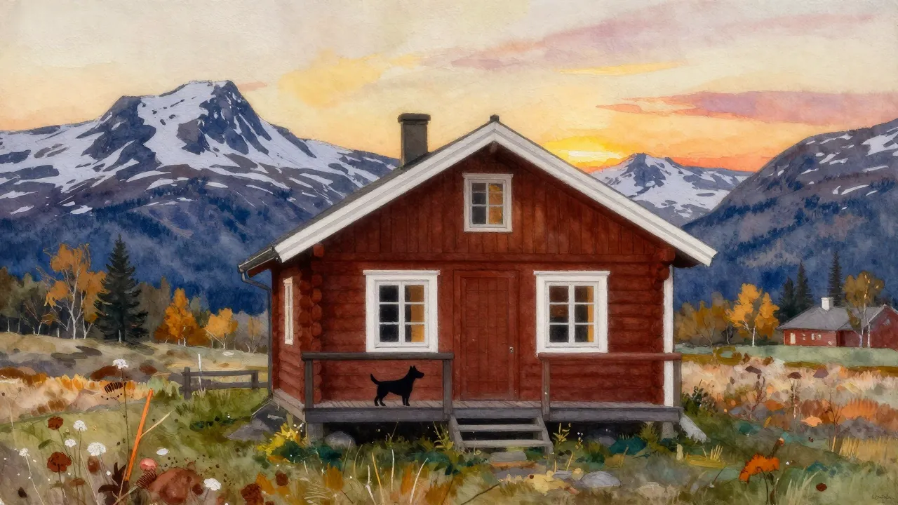 Watercolor style. A cozy wooden cabin in the Swedish mountai...