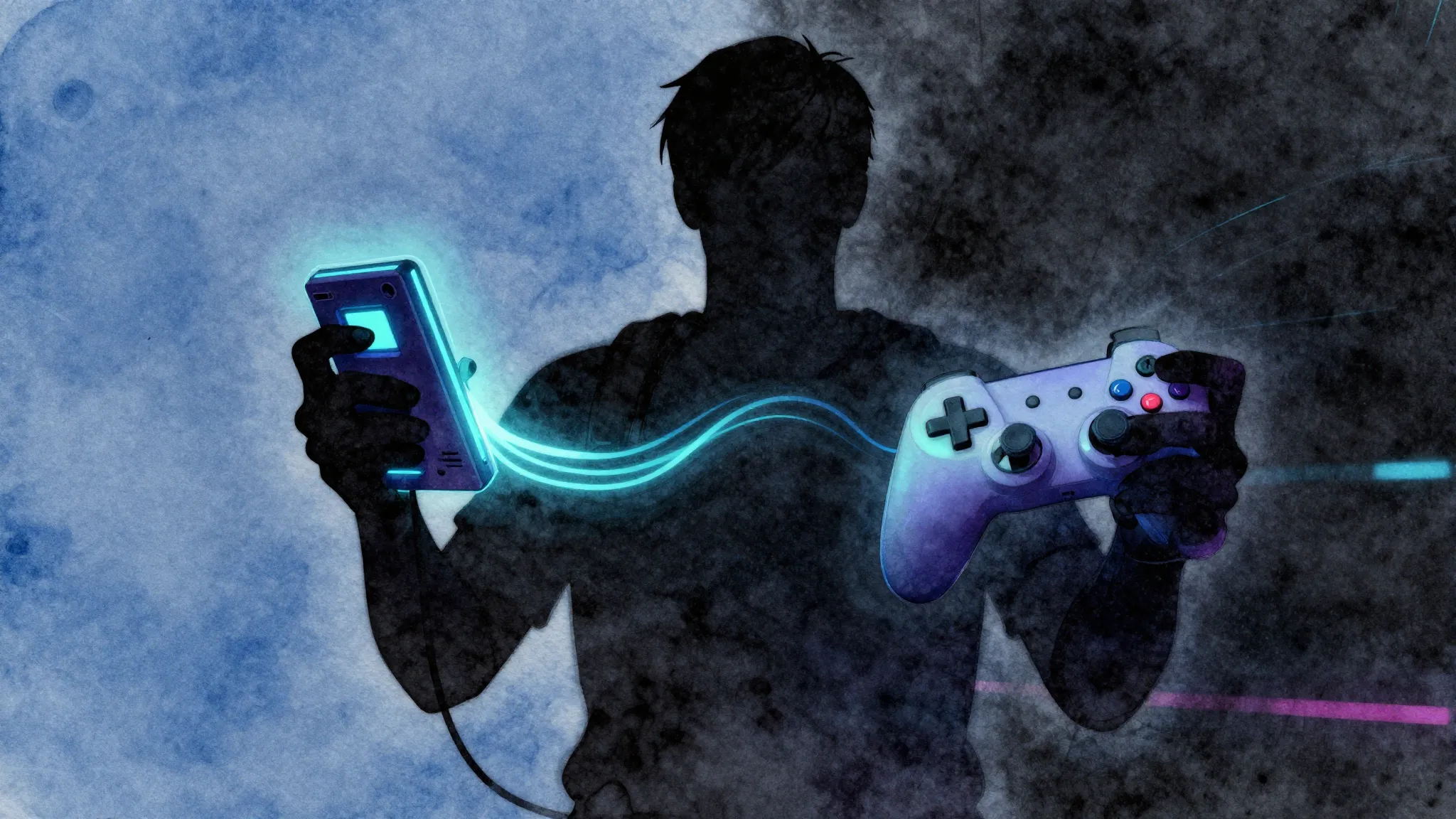 Watercolor style. A silhouette of a gamer holding a glowing ...