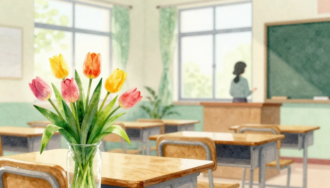 Watercolor style. A bright spring classroom with a bouquet o...