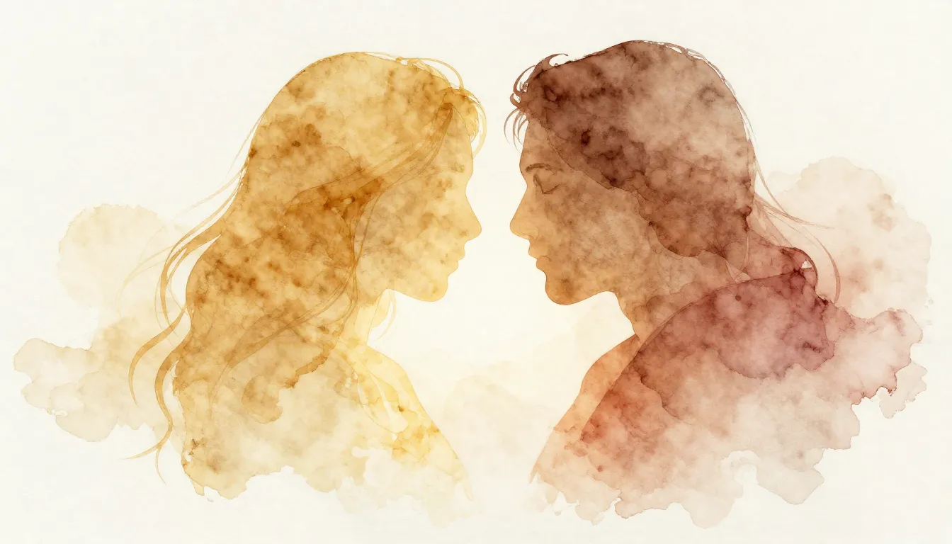 Watercolor style. Abstract silhouette of two souls merging i...