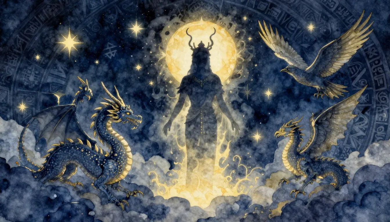 Watercolor style. A mysterious glowing silhouette of a deity...