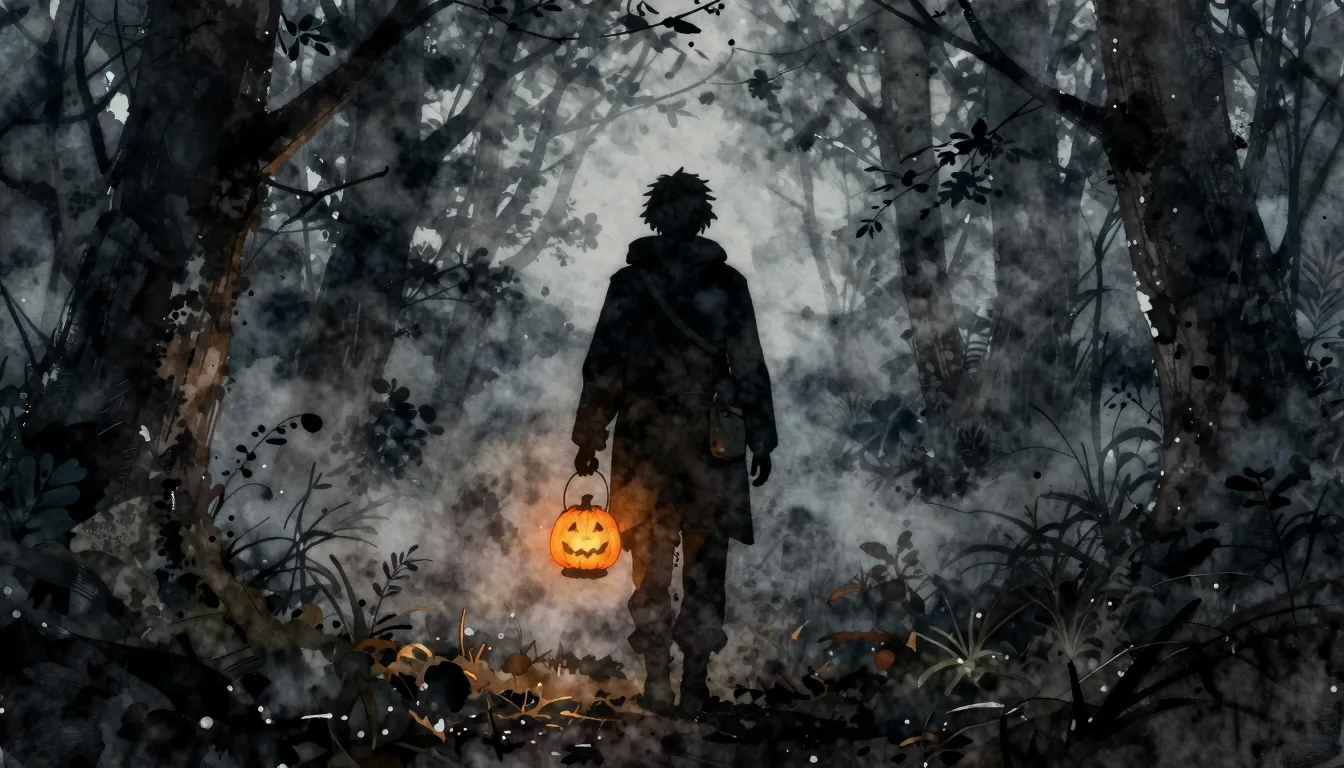 Watercolor style. A dark silhouette of a lonely wanderer hol...