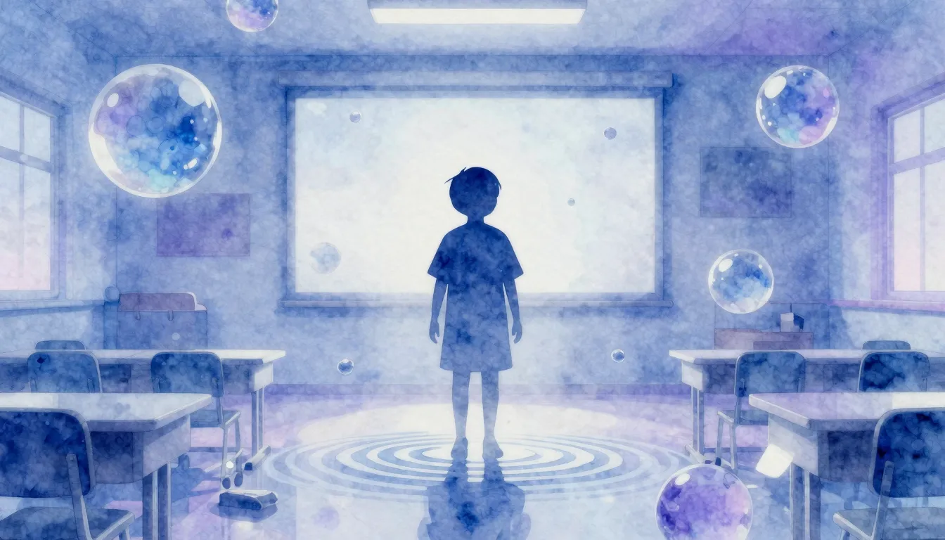 Watercolor style. Stylized 3D classroom with floating transl...