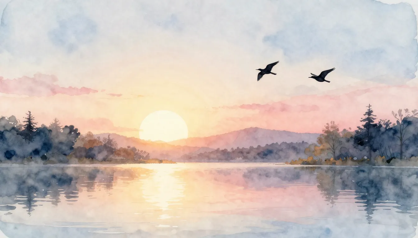 Watercolor style. A peaceful landscape with a bright sunrise...