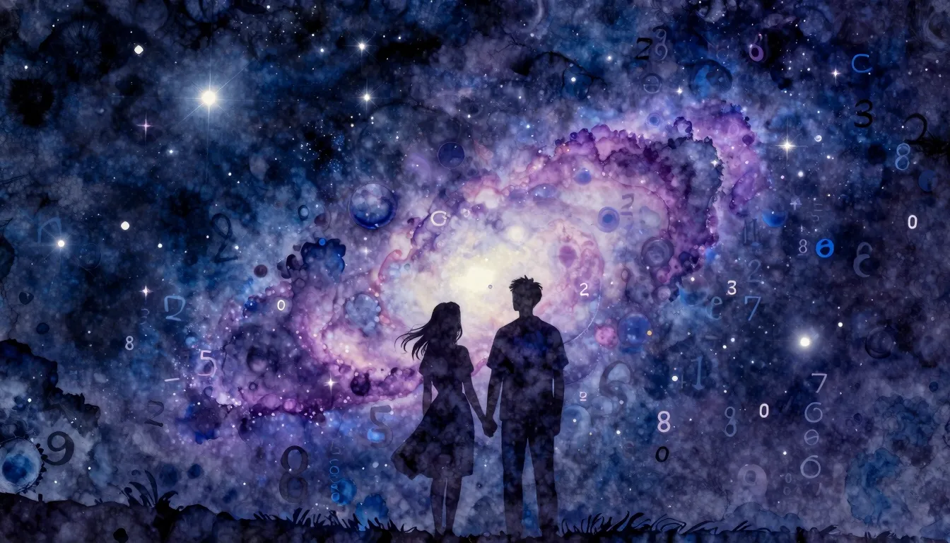 Watercolor style. Silhouettes of a couple standing under a s...