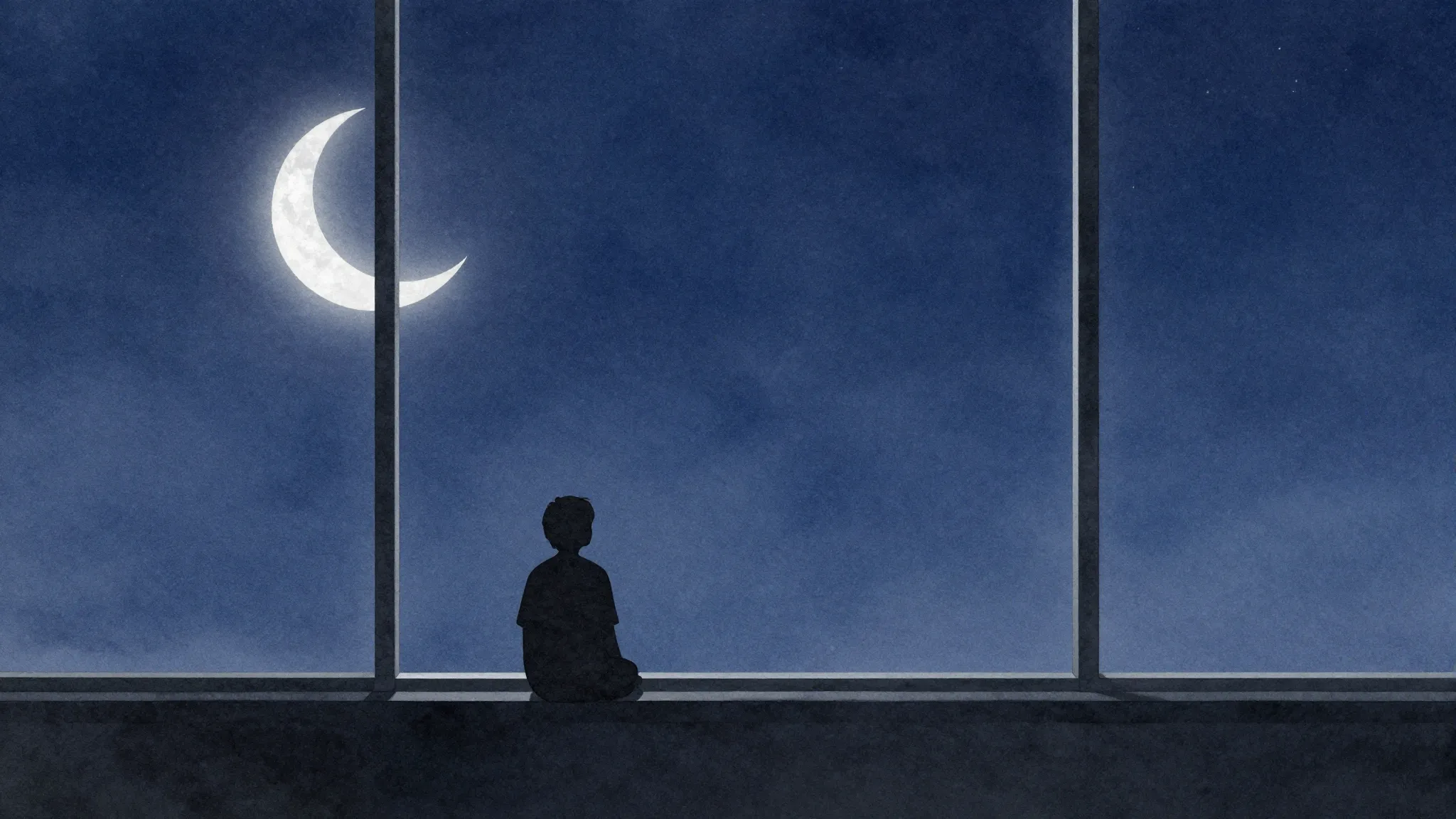 Watercolor style. A lonely silhouette of a person sitting by...