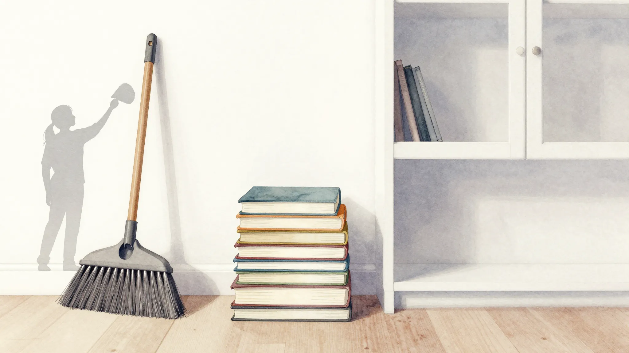 Watercolor style. A clean, bright room with a broom leaning ...