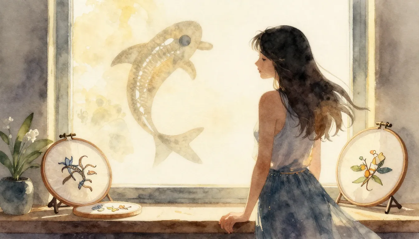 Watercolor style. Silhouette of a graceful woman near a wind...