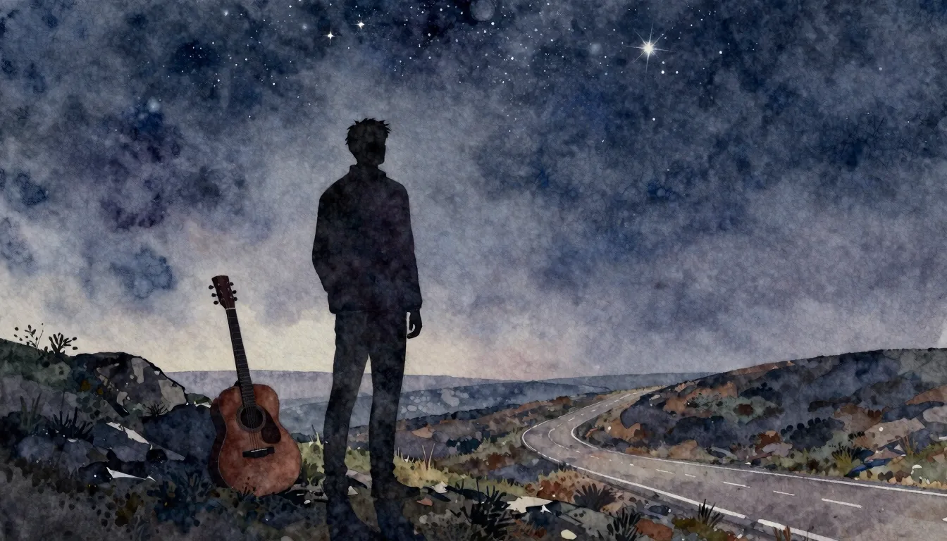 Watercolor style. A lone silhouette stands on a hill under a...