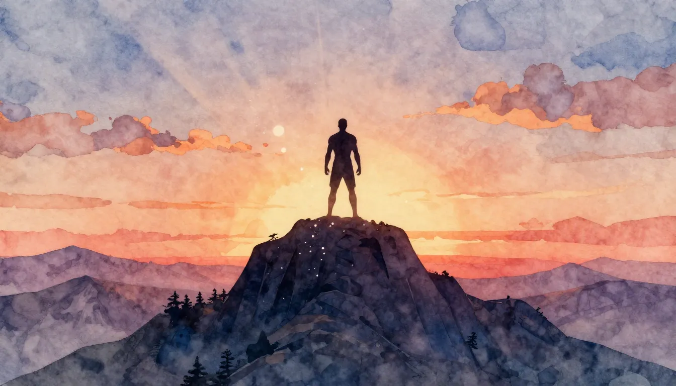 Watercolor style. A silhouette of a powerful figure standing...