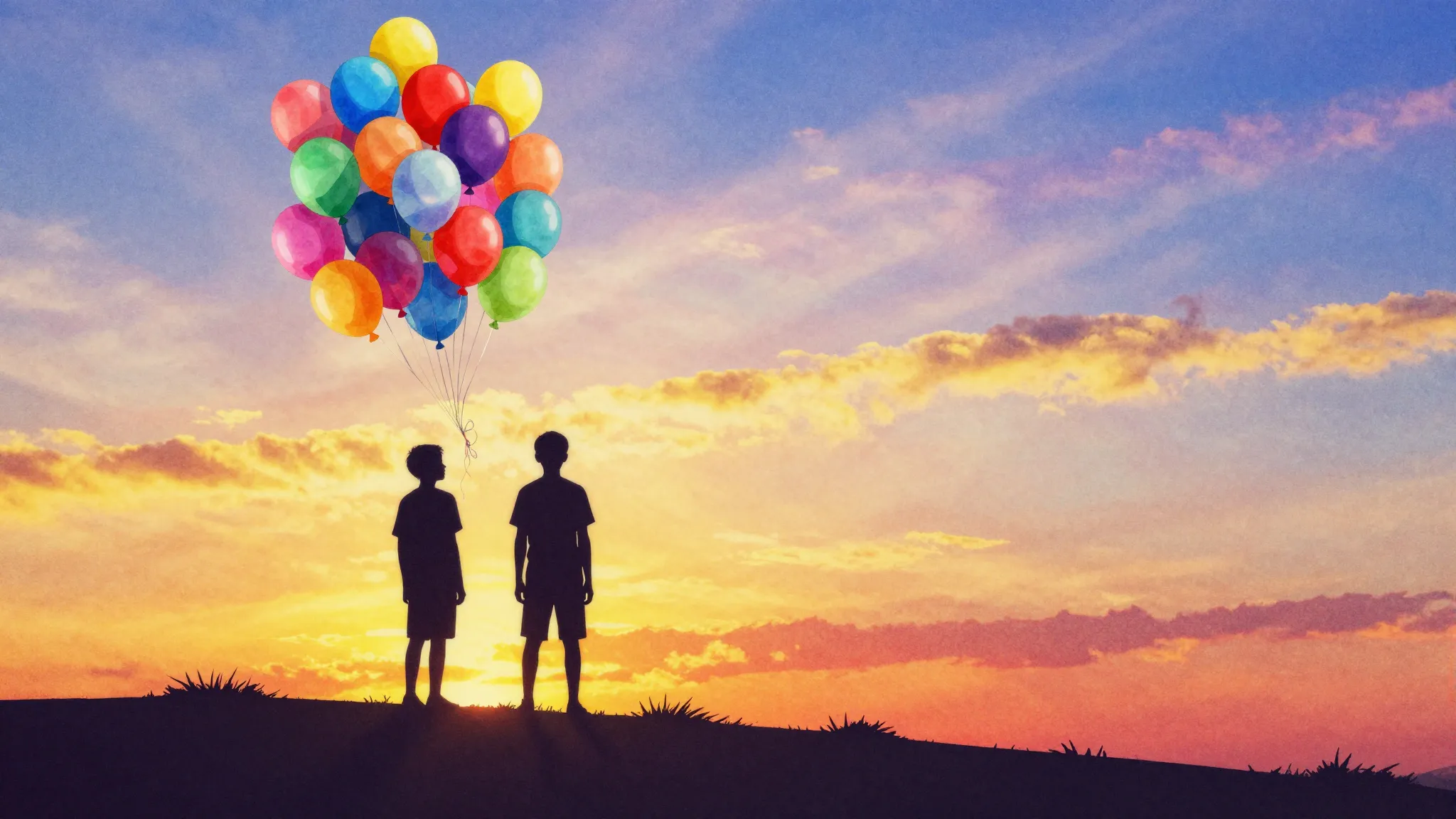 Watercolor style. A silhouette of two brothers standing on a...