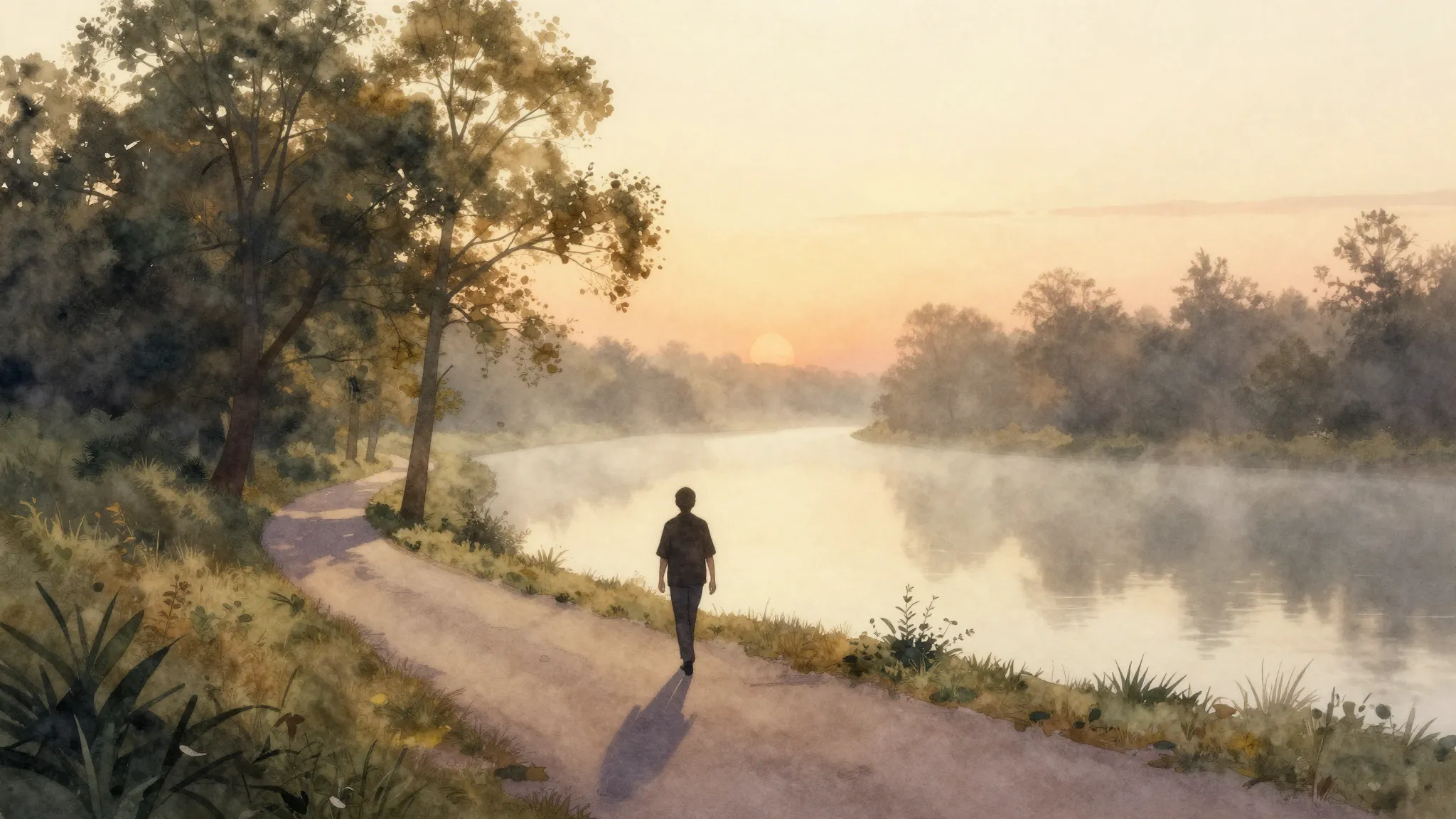 Watercolor style. A silhouette of a person walking along a w...