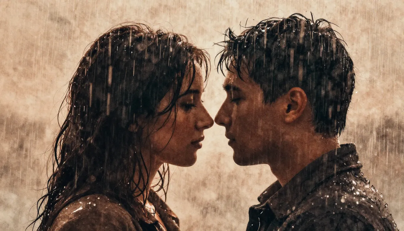 Watercolor style. Close-up silhouette of a couple in rain, w...