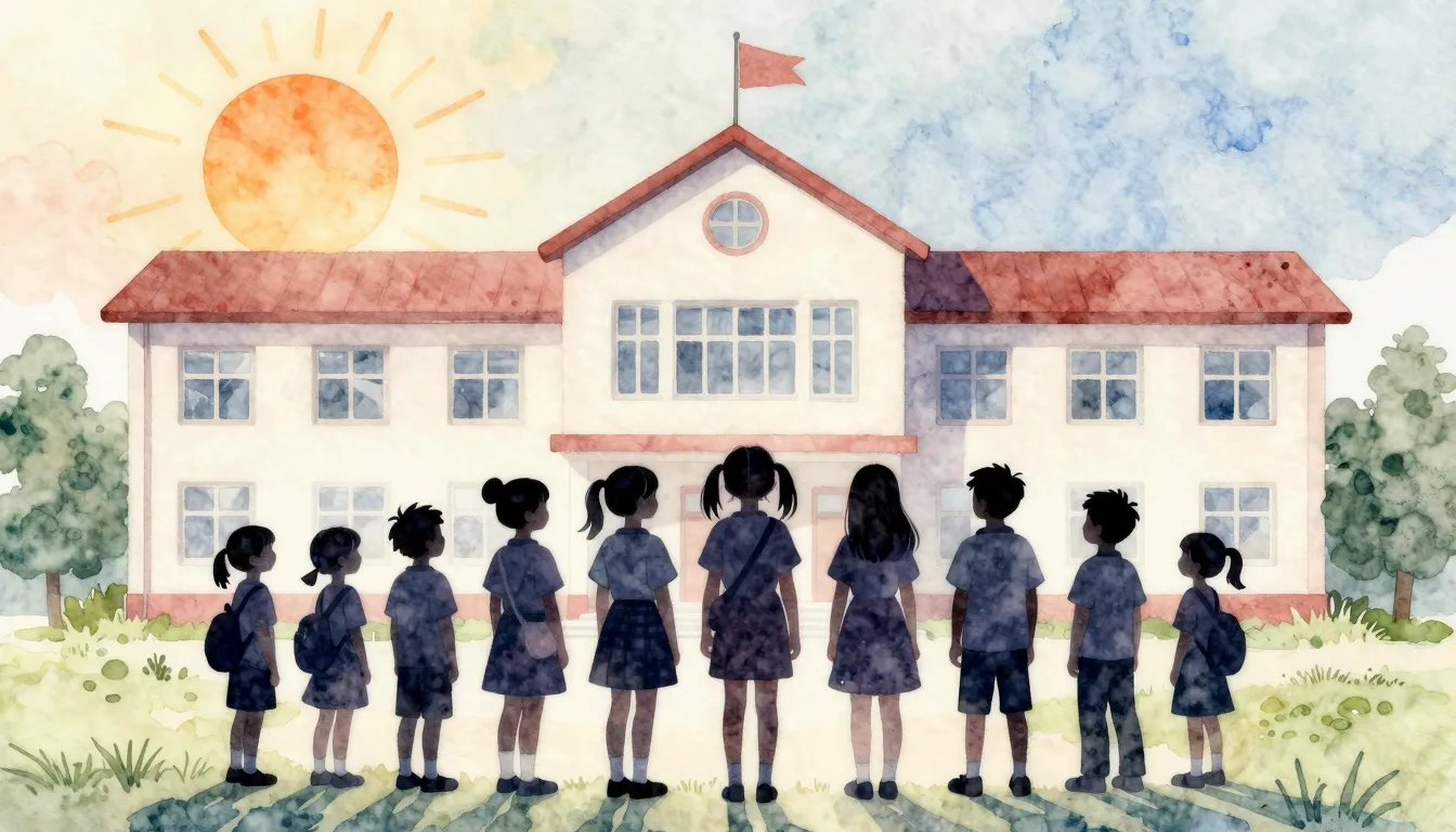 Watercolor style. A silhouette of a group of children, seven...