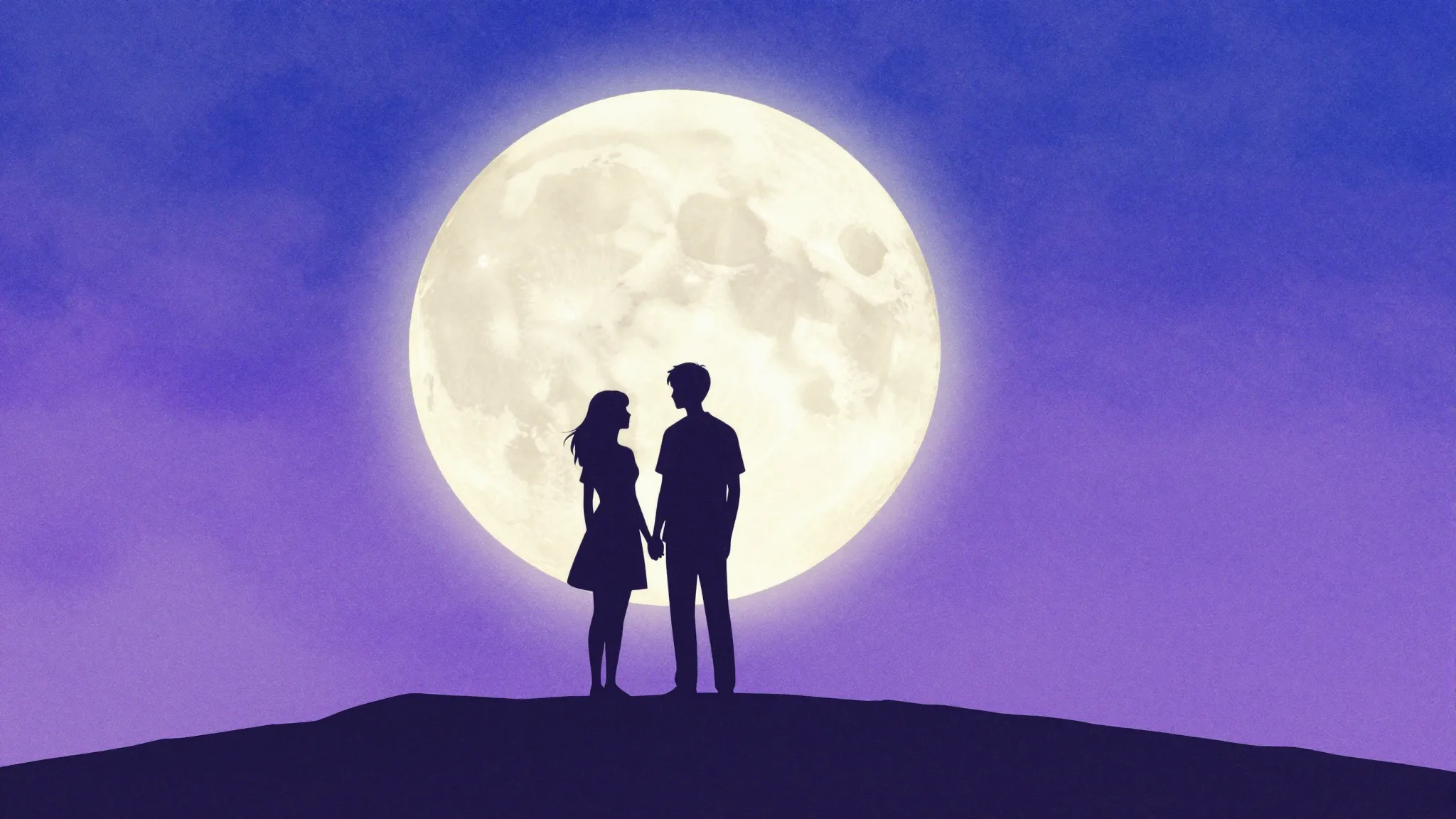 Watercolor style. A silhouette of a couple standing on a hil...